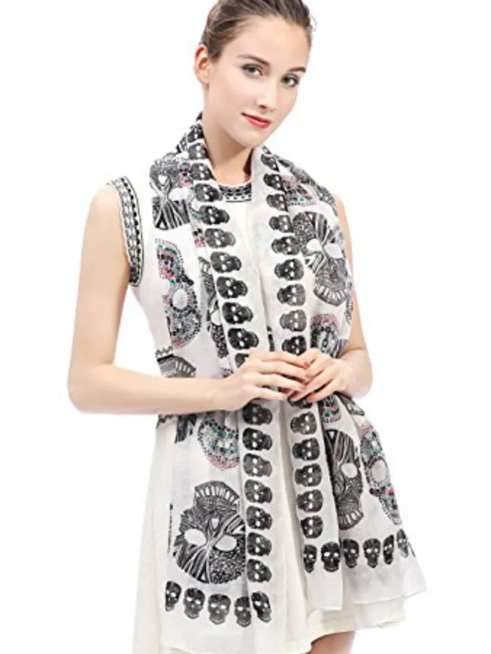 Lina & Lily Oversized Lightweight Scarf with Sugar Skull Print